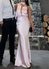 Selfie Leslie Azure Halter Neck Rose Dress | Blush (4 Day Hire)