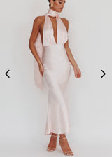 Selfie Leslie Azure Halter Neck Rose Dress | Blush (4 Day Hire)