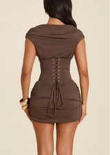 NEW IN - Mars The Label Sandra Corset Plunge Mini Dress | Brown (4 Day Hire)