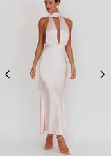 Selfie Leslie Azure Halter Neck Rose Dress | Blush (4 Day Hire)